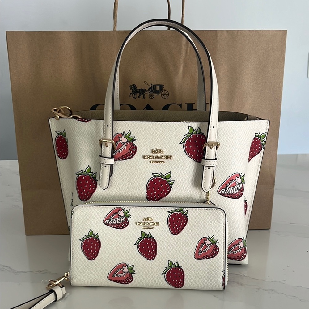 Coach White and Red Strawberry Tote with Wallet